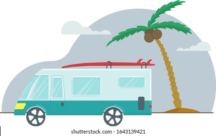 
A tourist car with a surfboard on the roof next to a palm tree on a blue background.