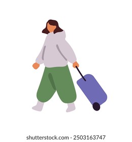Tourist carries, rolls suitcase with handle. Woman goes, pulls luggage for vacation journey. Girl with travel baggage walks. Tourism lifestyle. Flat isolated vector illustration on white background