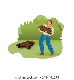 Tourist Carrying Firewood Flat Vector Illustration. Summer Holiday, Leisure Activity. Camping, Trekking, Recreation in Forest. Person Relaxing on Nature, Preparing for Park Picnic. Outdoor Trip