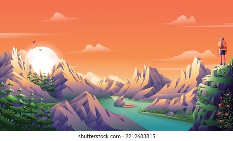 A tourist carrying his backpack stands on a hill and looks into the distance. There is a lake under the hill, and a small boat floats in the lake. Indulge yourself in this beautiful vector landscape.