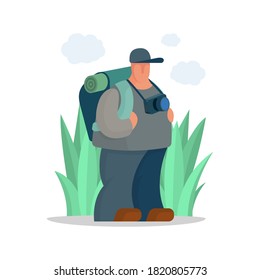 Tourist cartoon character. Traveler with backpack and photo camera in nature. Part of set. 