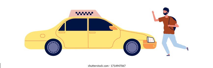 Tourist fängt Taxi. Cartoon gelbe Auto und Mann mit Rucksack. Einzelne Vektorillustration für männliche Reisende