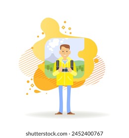 Tourist character with backpack and camera. Man in wind jacket flat vector illustration with landscape on background. Tourism, travel, landscape photographer concept for web design or banner