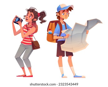 Tourist tourist character with backpack, map and camera isolated tourism illustration. Happy woman photographer sightseeing on holiday vacation. Young man in hat with luggage hitchhiking or trekking