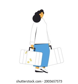 Tourist character with bags. Female person isolated with luggage. Filled line vector illustration.