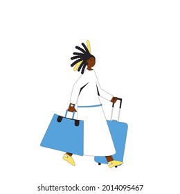 Tourist character with bags. Female person isolated with luggage. Filled line vector illustration.