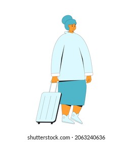 Tourist character with bags. Female person isolated with luggage. Filled line vector illustration.