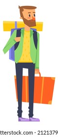 Tourist character. Man with hiking backpack and travel bag