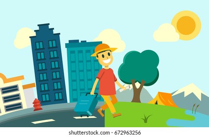 tourist character traveling from city to nature with bag holding map. Travel concept vector illustration