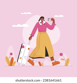 Tourist character, woman travel, excursion trip. Woman with luggage and phone takes pictures. Traveling abroad, Line art flat vector illustration.