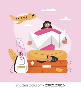 Tourist character, woman travel, excursion trip. Woman seat on luggage and reads the map. Traveling abroad, Line art flat vector illustration.