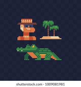 Tourist characters. Crocodile and palm tree. Pixel art style icons. Stickers design. Isolated vector illustration. 