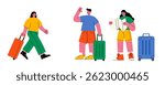 Tourist characters with luggage – Flat vector illustration of happy travelers with suitcases, map, and travel outfits. Vacation, trip, and journey concept on white background