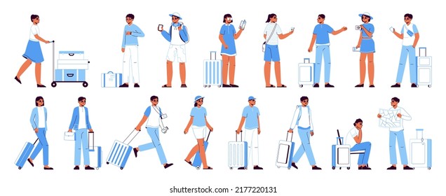 Tourist characters, people travelling with suitcase and backpack. Travellers sightseeing with map, tourist on vacation vector illustrations set. Young travellers