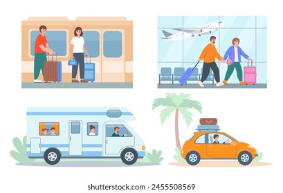 Tourist characters set. People traveling by train, plane, car and motorhome. Summer travel and vocation concept vector illustrations isolated on white background.