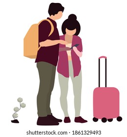 Tourist characters. Young couple family, tourists travelling with backpacks and bags, suitcases. Summer vacation people isolated vector. Illustration of summer tourist character, woman and man