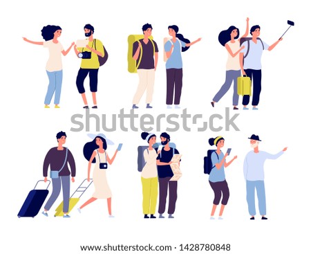 Tourist characters. Young couple family, tourists travelling with backpacks and bags, suitcases. Summer vacation people isolated vector. Illustration of summer tourist character, woman and man