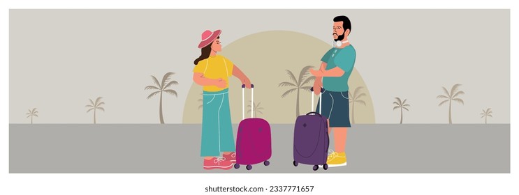 Tourist characters. Young married couple, tourists travel with bags, suitcases. Summer holidays people isolated vector. Illustration of summer travel character, woman and man