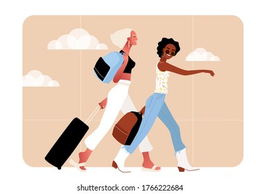 Tourist characters. Young women, Afro American and blond tourists traveling with backpacks and suitcases. Illustration of summer tourist characters. Isolated vector illustration in flat style.