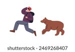Tourist chased by bear. Man running away fast, escaping from forest beast, wild animal, dangerous predator. Backpacker in risk. Wildlife threat. Flat vector illustration isolated on white background