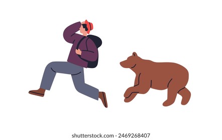 Tourist chased by bear. Man running away fast, escaping from forest beast, wild animal, dangerous predator. Backpacker in risk. Wildlife threat. Flat vector illustration isolated on white background