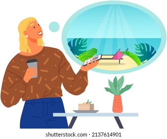 Tourist chooses place to travel on phone screen. Happy cartoon traveler searching for country in mobile application. Summer vacation and recreation concept. Girl looking for resort on travel website