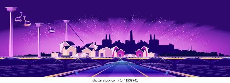 Tourist city, resort, with the road going into the distance, bridges, railway, cable car, night horizon, neon lighting