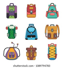 Tourist, city and school backpack flat icon. Objects isolated on white background