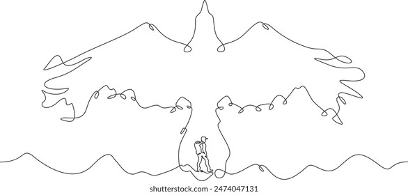 Tourist climber in the mountains. Mountain landscape. Mountain silhouette in the form of a flying bird.One continuous line . Line art. Minimal single line.White background. One line drawing.