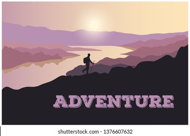 Tourist climbing on a rock. Landscape of mountains and rivers with sunset. Silhouette of a man traveler.