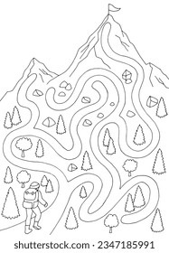 Tourist climbs to the mountain maze graphic black white sketch illustration vector