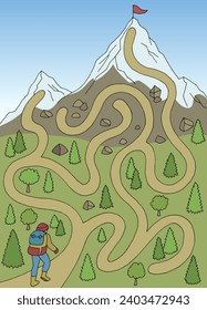 Tourist climbs to the mountain maze graphic color sketch illustration vector