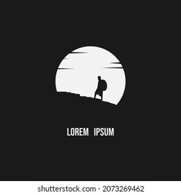 tourist climbs the mountain symbol, travel and expedition logo template. Silhouette of a climber