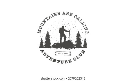 tourist climbs the mountain symbol, travel and expedition logo template, adventure logo design