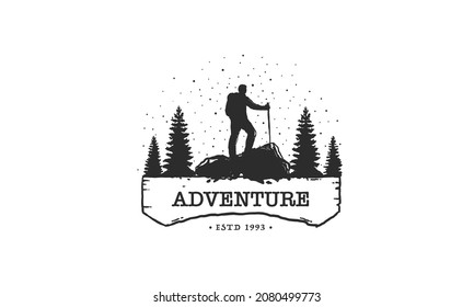 tourist climbs the mountain symbol, travel and expedition logo template, adventure logo design