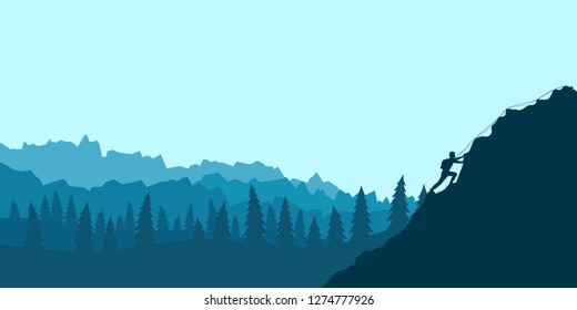 The tourist climbs to the rock. Vector landscape