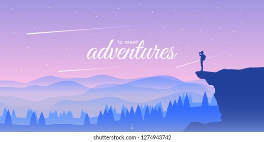 The tourist climbs to the rock. Vector landscape