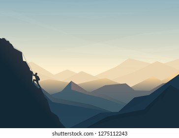 The tourist climbs to the rock. Vector landscape