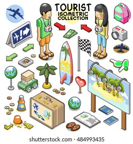 Tourist collection, objects for travel and vacation including two Japanese tourists. Isometric vector set
