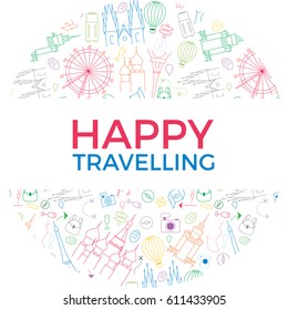 Tourist colorful minimalist illustrations with the most popular monuments of Europe-eiffel tower,moscow kremlin,wheel carousel,prague,warsaw and travel symbols.Thin line vector for poster or card