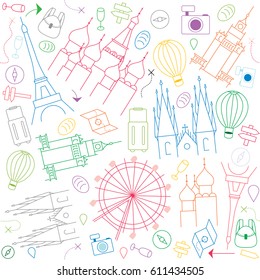 Tourist colorful minimalist pattern with the most popular monuments of Europe, like eiffel tower,moscow kremlin,wheel carousel,prague,warsaw and air balloon,bag,map,compass and arrow symbols.Thin line