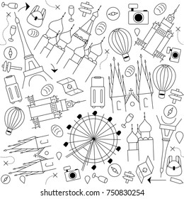 Tourist colorful minimalist pattern with the most popular monuments of Europe, like eiffel tower,moscow kremlin,wheel carousel,prague,warsaw and air balloon,bag,map,compass and arrow symbols.Thin line