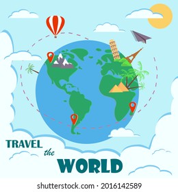 Tourist composition with famous world landmarks. Travel and tourism. Website concept template. Vector.