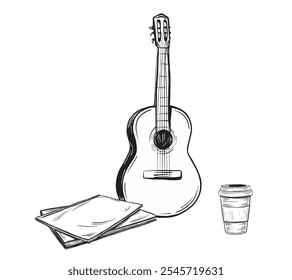 Composição turística com Violão e Copo de Café descartável e notas. Esboço de instrumento de música clássica espanhola em estilo de tinta de esboço. Ilustração desenhada à mão do vetor da aventura de camping.