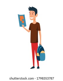 Tourist. Concept of an active lifestyle, tourism. A young man with map and bag in had is looking ahead and smile. Route planning. Vector illustration