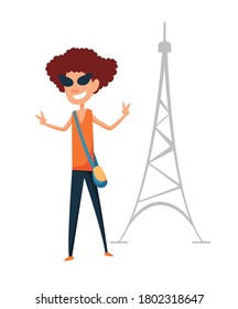 Tourist. Concept of an active lifestyle, tourism. A young girl with glasses is looking ahead and smile. Foto on Eiffel tower background. Vector illustration