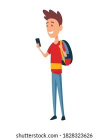 Tourist. Concept of an active lifestyle, tourism. A young man with smartphone and backpack. The guy is taking pictures or looking for a road on a GPS map. Vector illustration