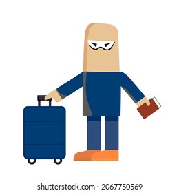 Tourist. Concept of an active lifestyle, tourism. A man with a large suitcase in airport. Vector illustration