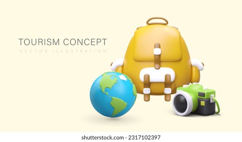 Tourist concept for advertising. Ecotourism, hiking with backpack. Photos from beautiful locations. Travel around world. Color 3D illustration with space for text