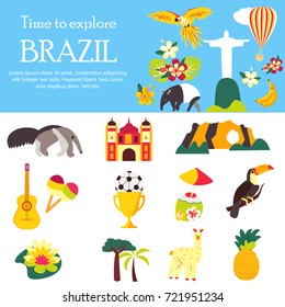 Tourist concept image with famous Brazilian landmarks, symbols and animals 